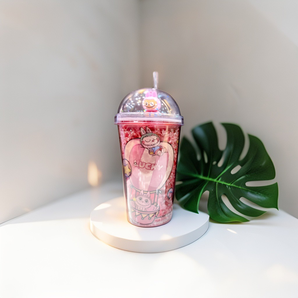 Red - Labubu Sipper Cup with Straw 450ml – Cute Leak-Proof Water Bottle for Kids & Collectors NOVGBT-50002.