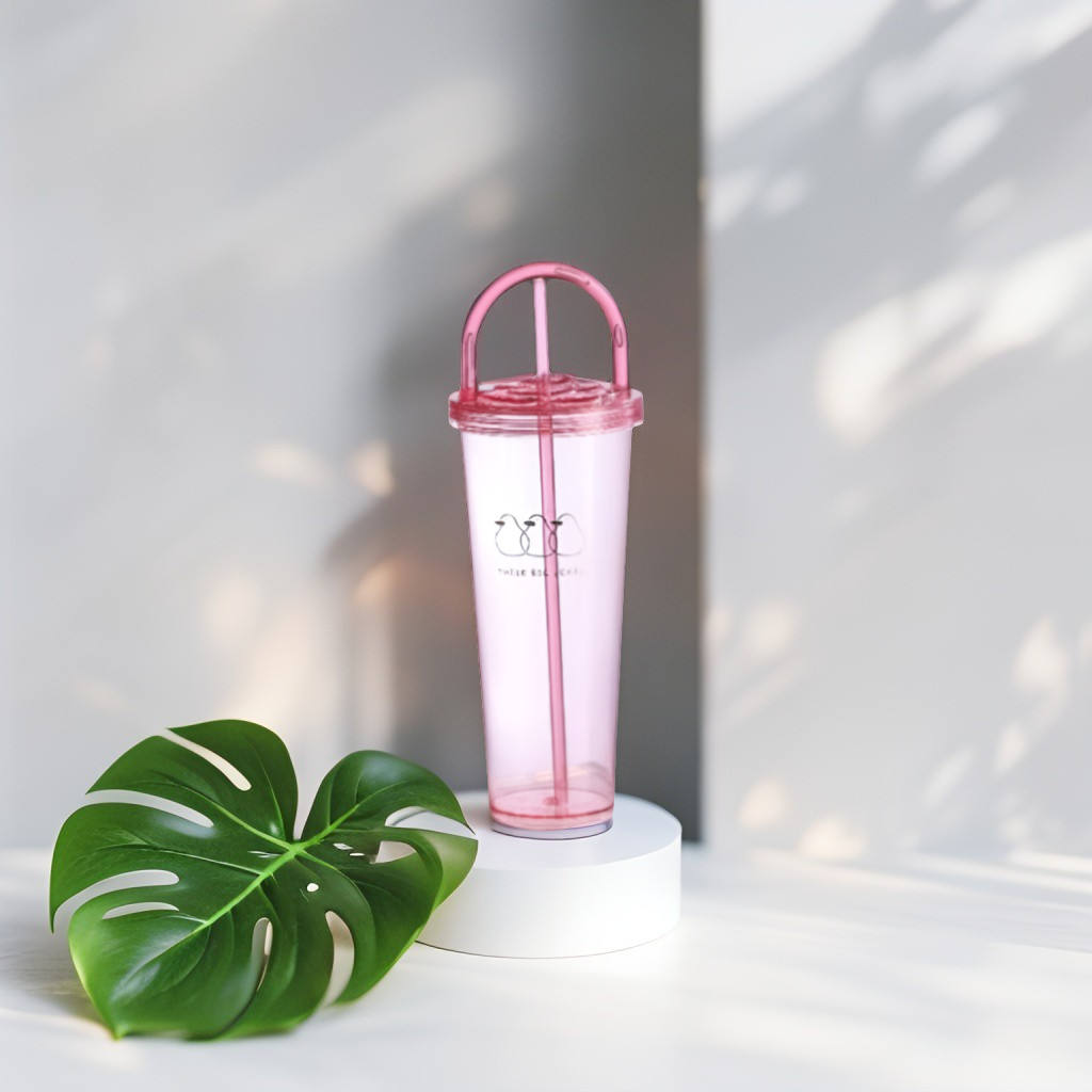 Cute Penguin Bubble Tea Tumbler with Handle and Straw | Reusable Pink Plastic Boba Cup NOVGBT-8858