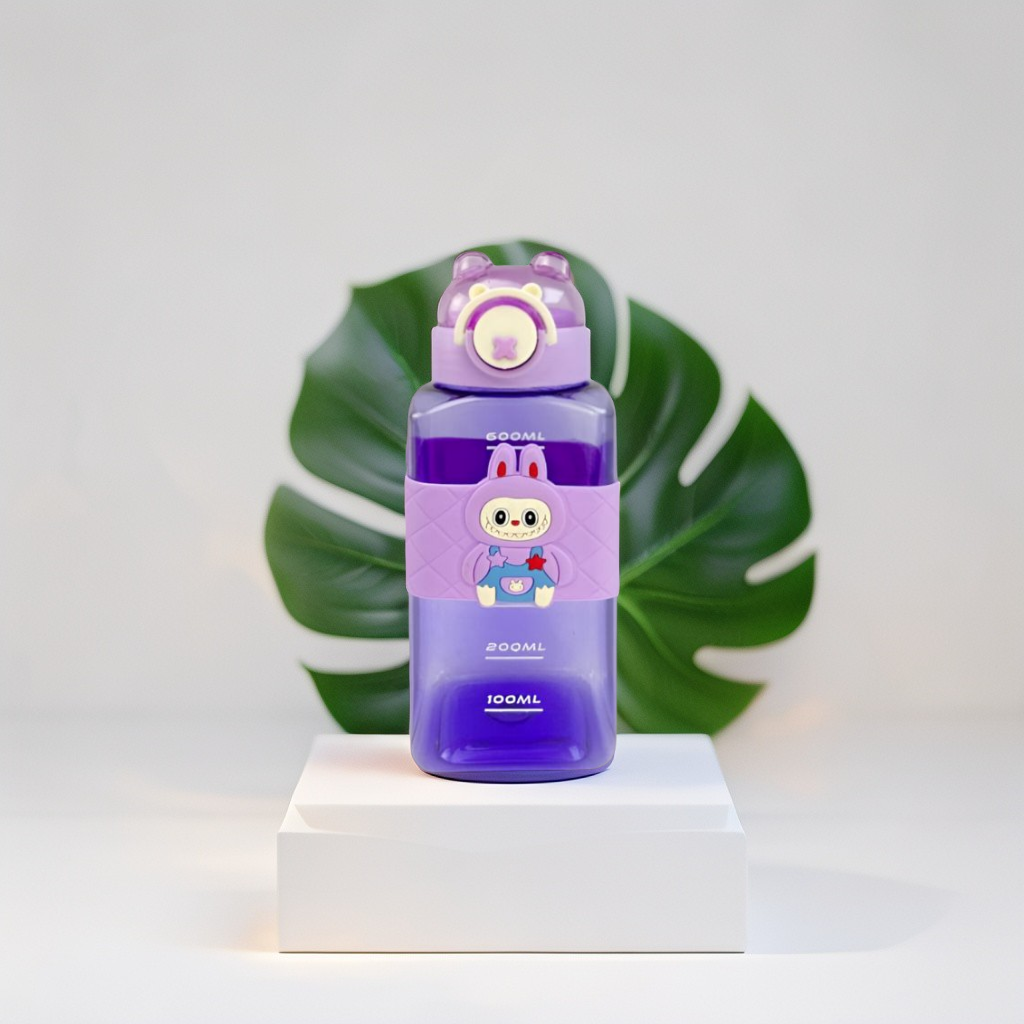 Labubu Inspired Kids' Water Bottle - Purple Square Shape with Cute Bunny Character & Bear Ears Lid NOVHBC-1881346