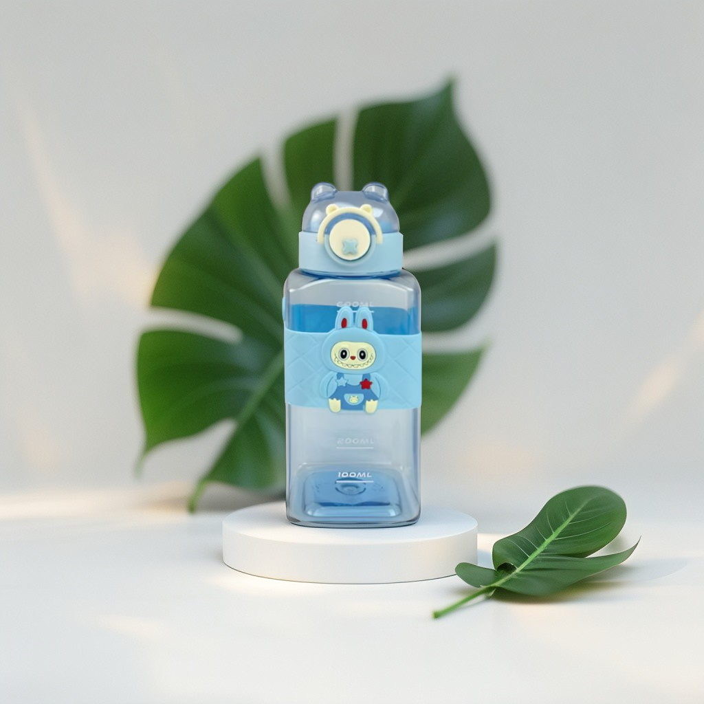 Labubu Inspired Kids' Water Bottle - Blue Square Shape with Cute Bunny Character & Bear Ears Lid NOVHBC-1881346