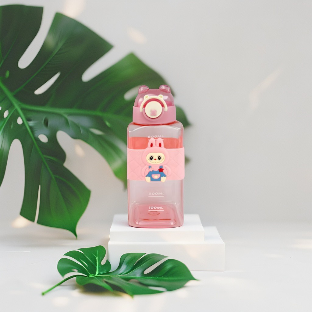 Labubu Inspired Kids' Water Bottle - Pink Square Shape with Cute Bunny Character & Bear Ears Lid NOVHBC-1881346