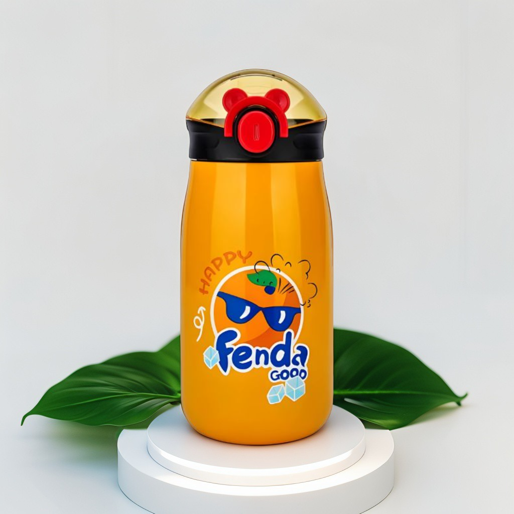 Orange - AquaBuddies – 500ml Cold Drink Water Bottle for Kids | Cute Print Straw Sipper | Leak-Proof & BPA-Free NOV3554.
