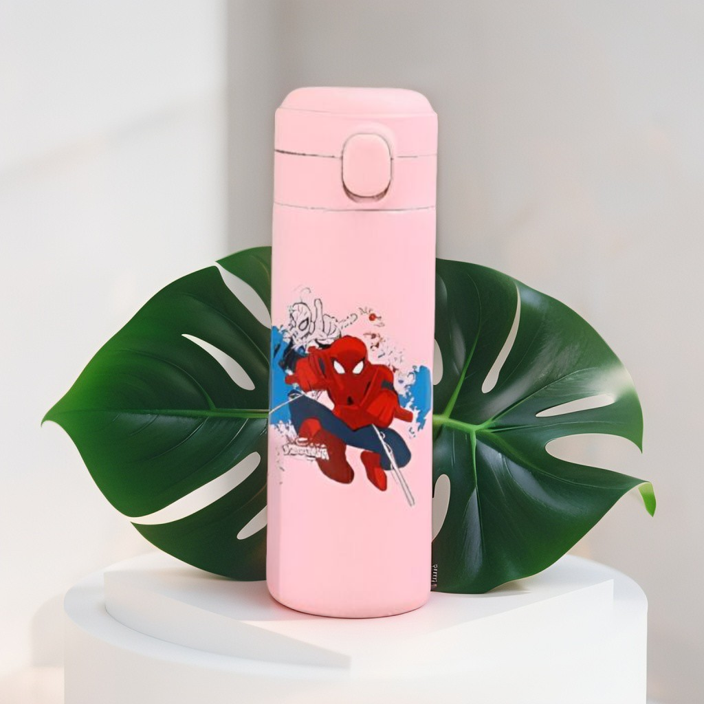 Pink - Spider-Man Stainless Steel Water Bottle 420ml – Leak-Proof, Printed Kids Water Bottle with Lock Lid NOV1563.