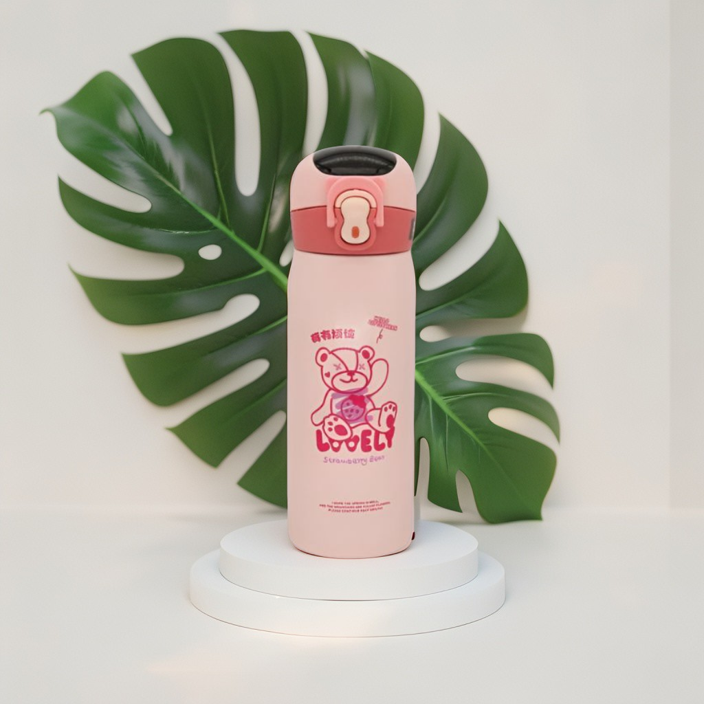Pink - TinyHydro – Cartoon Print Bottle 450ml Stainless Steel, Push Button with Lock, Smart Temp Display NOV7250.