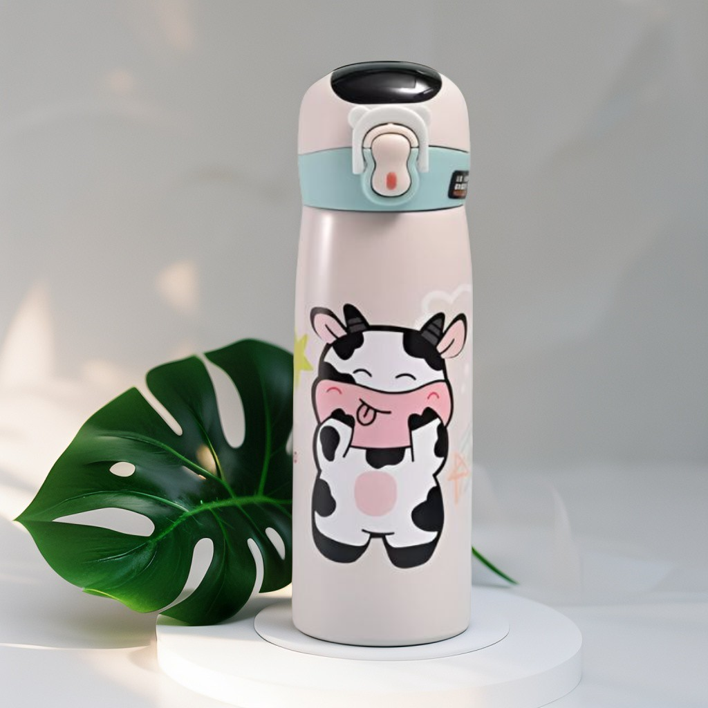 Light Pink - WildSip – Cute Animal Print Temperature Water Bottle – 450ml Stainless Steel Push Button Sipper for Kids & Adults NOV8341.