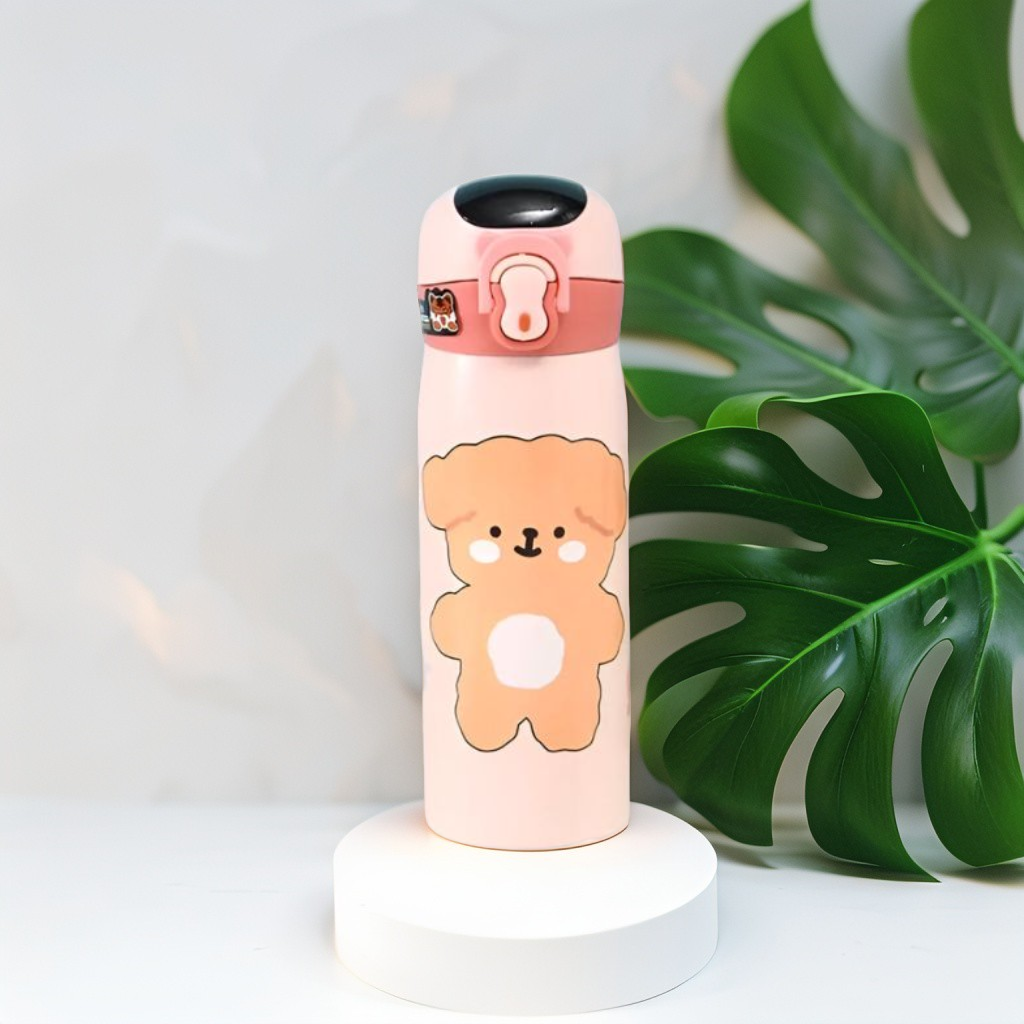 Pink - WildSip – Cute Animal Print Temperature Water Bottle – 450ml Stainless Steel Push Button Sipper for Kids & Adults NOV8341.