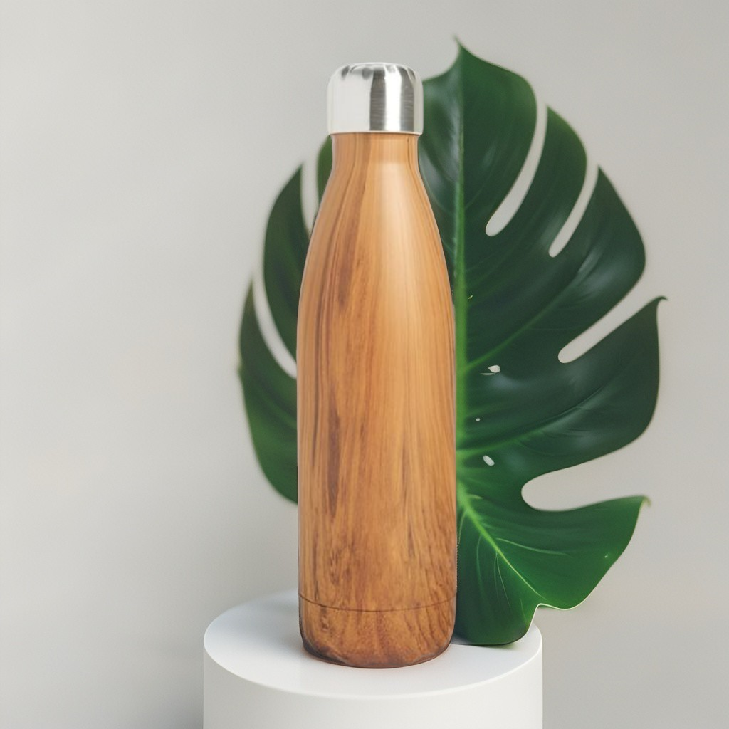 Wooden Finish Cap Bottle 500ml – Stainless Steel Water Bottle for Office, Travel & Gym | Leak-Proof & Eco-Friendly NOV8145.
