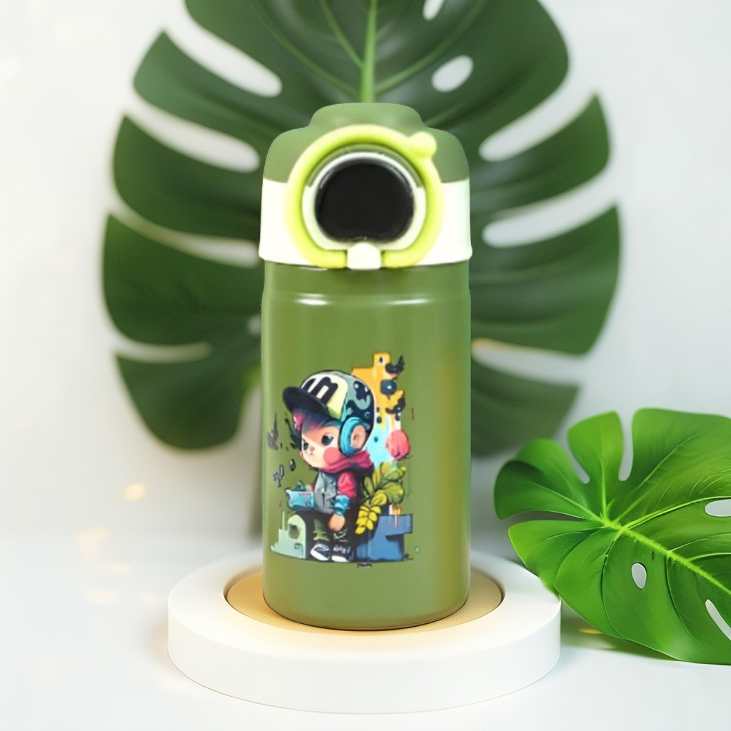 Green - Temperature Control Stainless Steel Water Bottle – 550ml Cartoon Aesthetic Design with Push Button Sipper NOV8420.