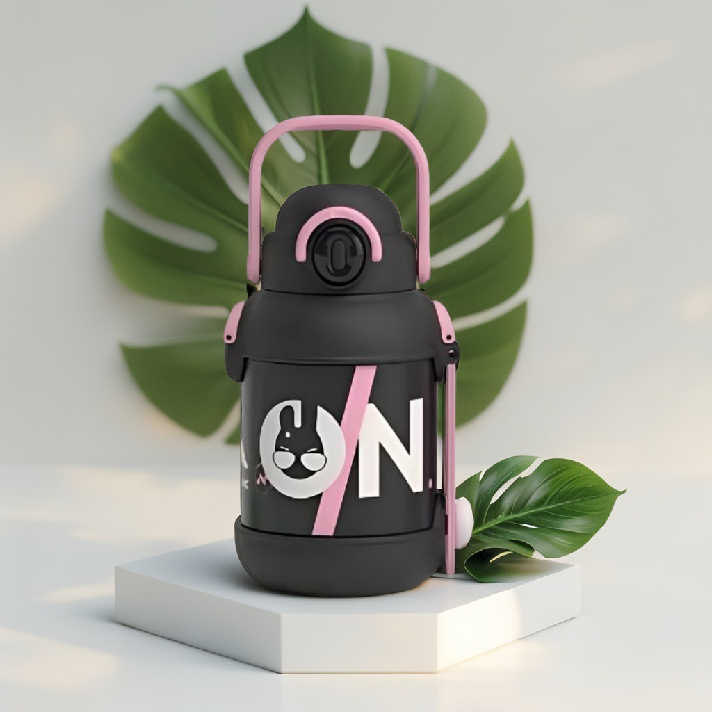 Black - 2 in 1 Sipper with Handle & Neck Carry for Kids – 1000ml Leak-Proof Water Bottle with Box NOV12437.