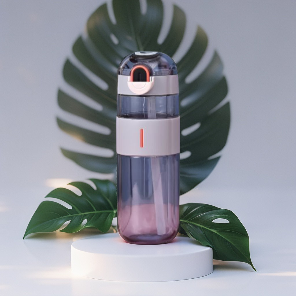 Black - HydroMate – 580ml Plastic Water Bottle with Push-Button Sipper and Straw NOV5267.