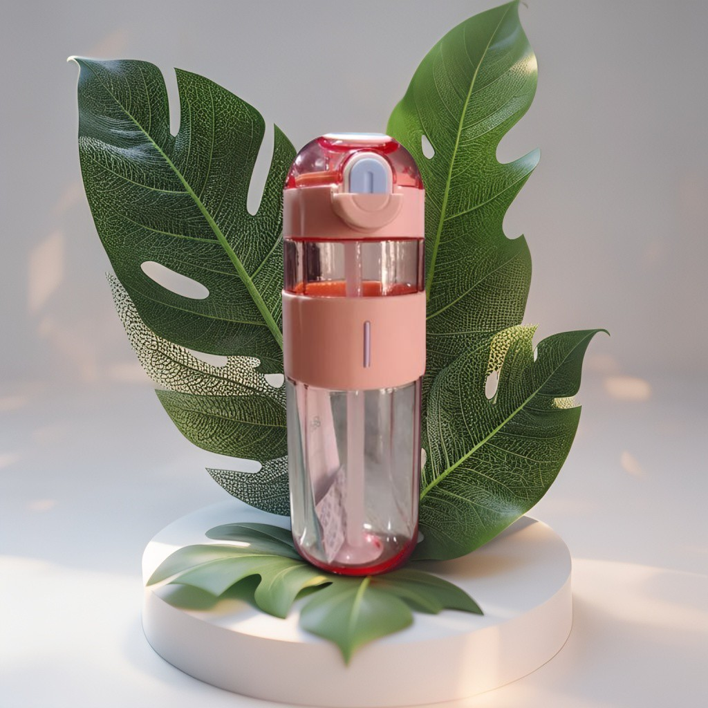 Pink - HydroMate – 580ml Plastic Water Bottle with Push-Button Sipper and Straw NOV5267.