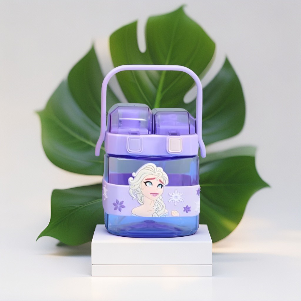Purple - Disney Cartoon 2-in-1 Kids Water Bottle 600ml – Push Button Sipper + Straw | Leakproof Plastic Bottle with Neck Strap for School & Travel NOV10374.