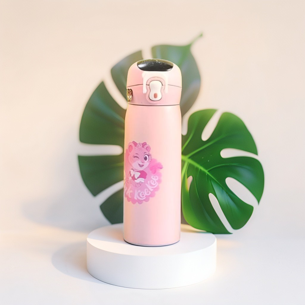 Pink - AquaJoy Stainless Steel Water Bottle for Kids – 450ml Cute Printed Push Button Sipper | Leak-Proof & BPA-Free | Ideal for School & Outdoor Use NOV8421.