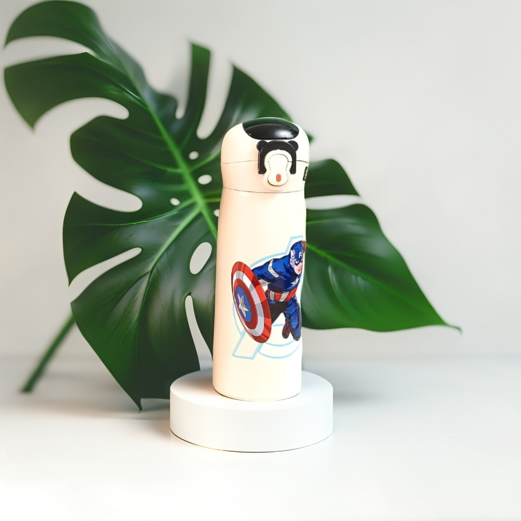 White - ShieldJug - Marvel Avengers Stainless Steel Water Bottle 450ml – Push Button Sipper for Kids | Leakproof & BPA-Free NOV8419.