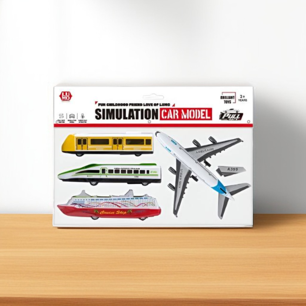 SimuRide Pull Back Action Pack – Airplane, Bus, Monorail, Ship & Cars for Kids | Dynamic Vehicle Simulation Set LMI15097.