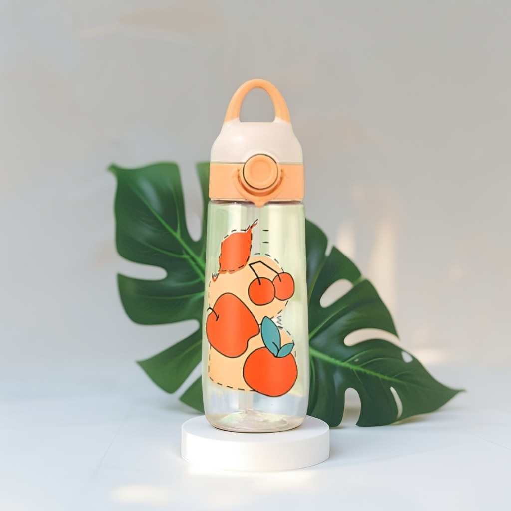 Peach - FruitSip - 380ml Water Bottle for Kids with Straw | Non-Toxic & BPA-Free | Cute Cartoon Fruits Print | Leak-Proof School & Travel Bottle for Boys & Girls NOV6323.
