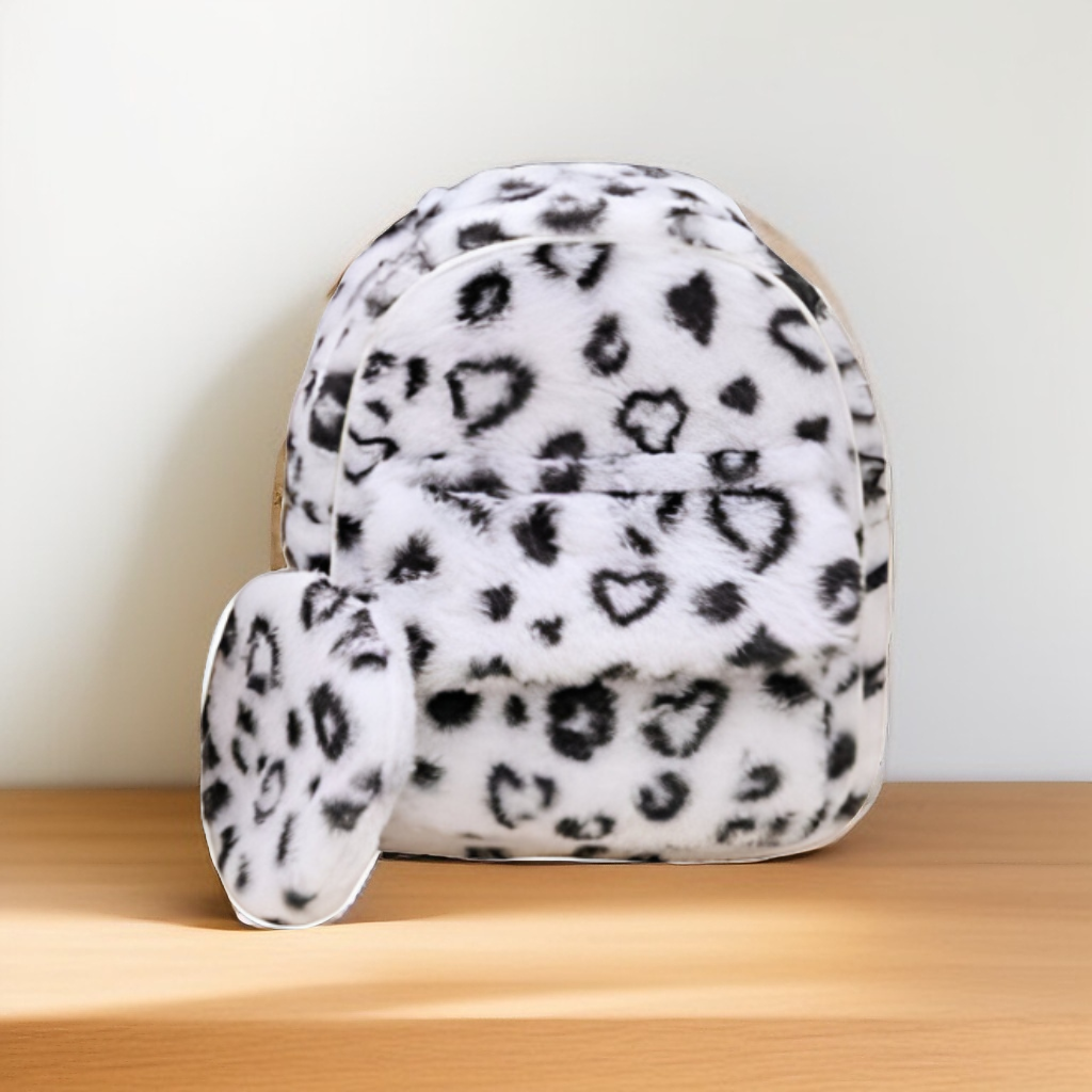 Soft Faux Fur Leopard Print Mini Backpack – Trendy Animal Print Fashion Bag for kids white NOVGBT-50097.