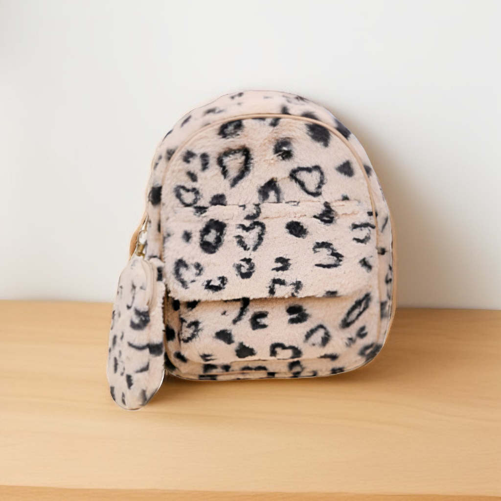 Soft Faux Fur Leopard Print Mini Backpack – Trendy Animal Print Fashion Bag for kids cream NOVGBT-50097.