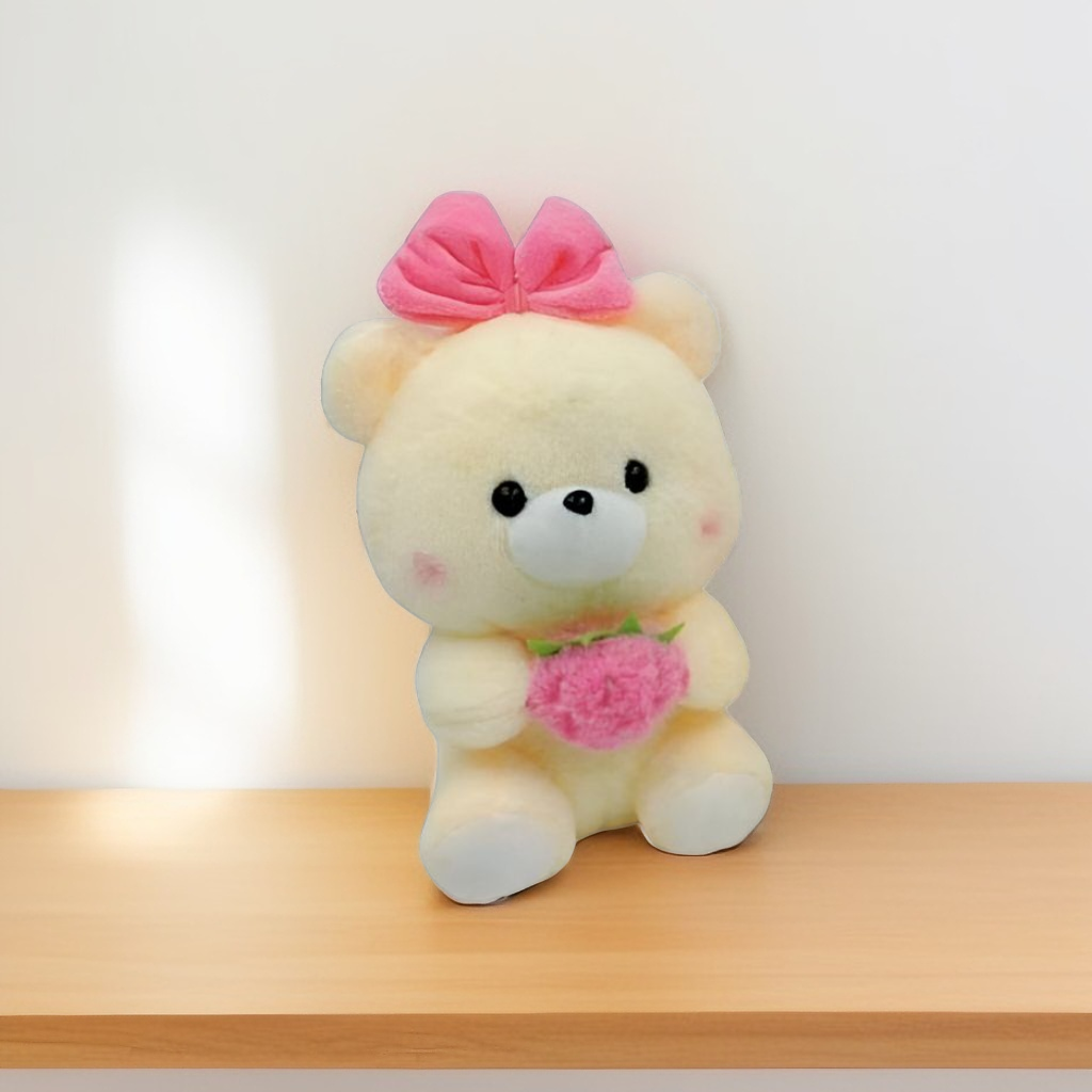 Pink - Soft & Cuddly Teddy Bear with Bow & Strawberry – Perfect for Hugs & Love 8 inch - MS14487.