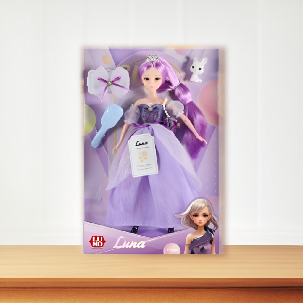 LUMO Luna Fashion Doll with Long Purple Hair, Elegant Gown & Pet Bunny – Collectible Toy for Ages 3+ NX15395