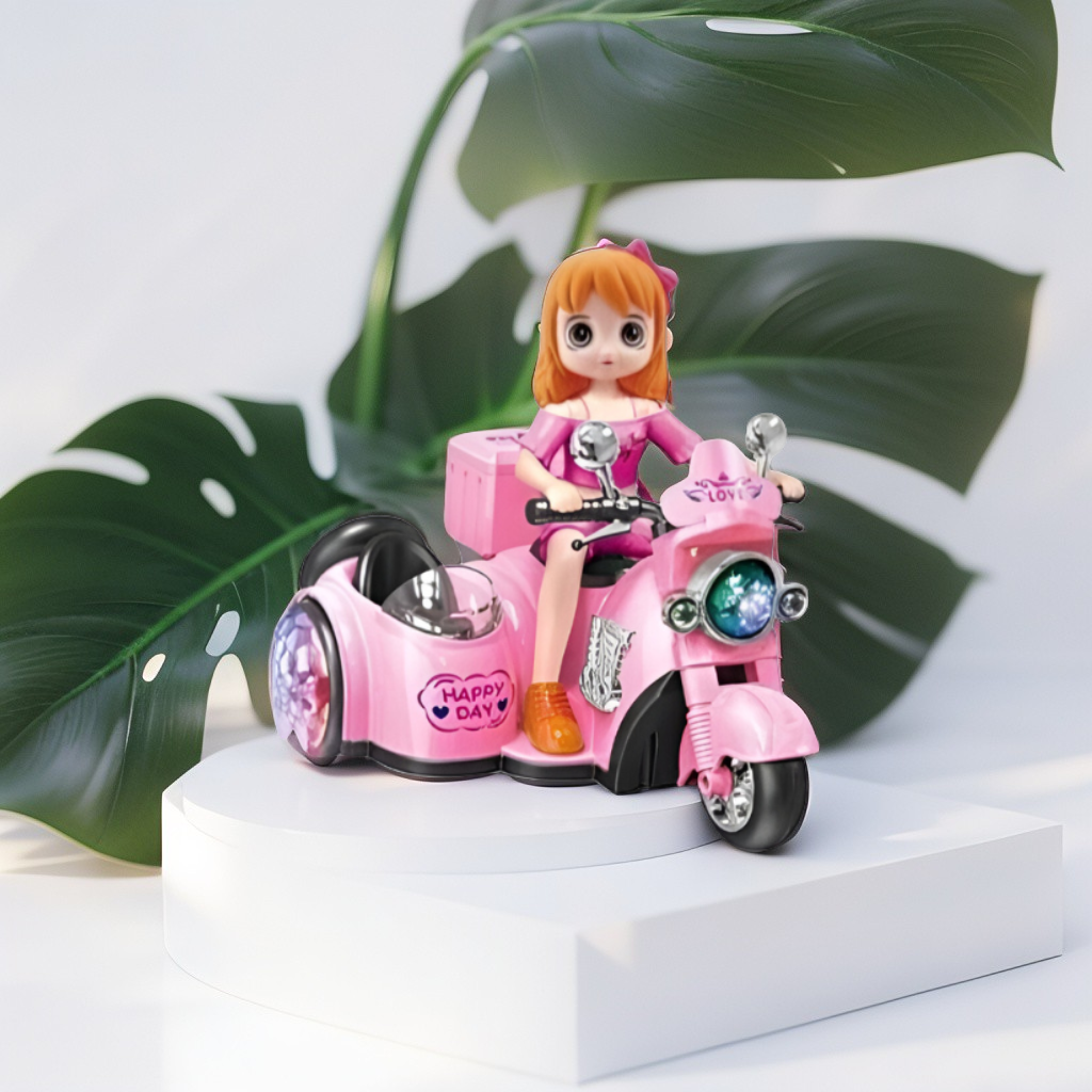 Dynamic Doll Motorcycle Toy with Sidecar | Pink Scooter Ride-On with Music and Flashing Lights LMI14213