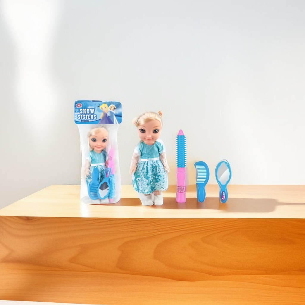 Snow Sisters Mini Princess Doll with Blue Dress | Hair Styling Play Set with Comb, Mirror, and Accessories LMI11754