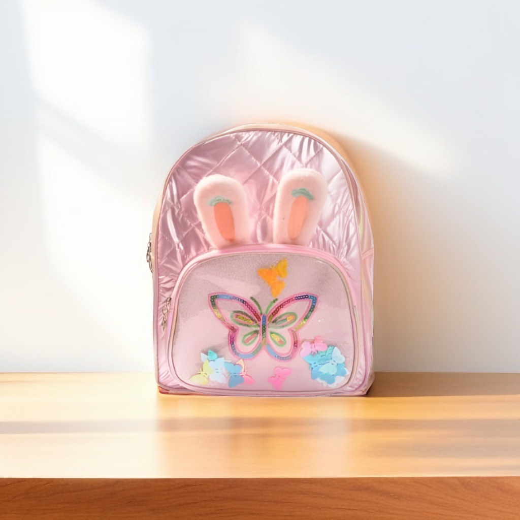 Shimmery Pink Rabbit Ear Backpack | Quilted PU Leather Bag with Glitter Butterfly Patch NOV-GBT50093