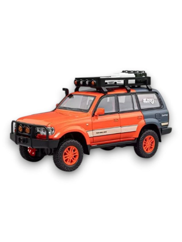 ORANGE - Toyota Land Cruiser LC80 Diecast SUV Toy - Off-Road Camping Model Car with Acrylic Display Case