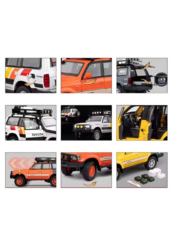 ORANGE - Toyota Land Cruiser LC80 Diecast SUV Toy - Off-Road Camping Model Car with Acrylic Display Case