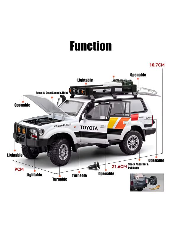 WHITE - Toyota Land Cruiser LC80 Diecast SUV Toy - Off-Road Camping Model Car with Acrylic Display Case