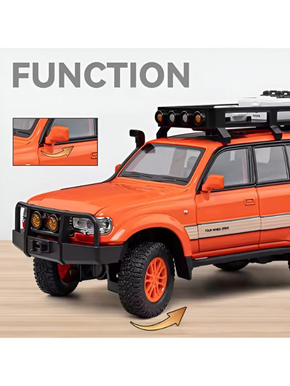 ORANGE - Toyota Land Cruiser LC80 Diecast SUV Toy - Off-Road Camping Model Car with Acrylic Display Case
