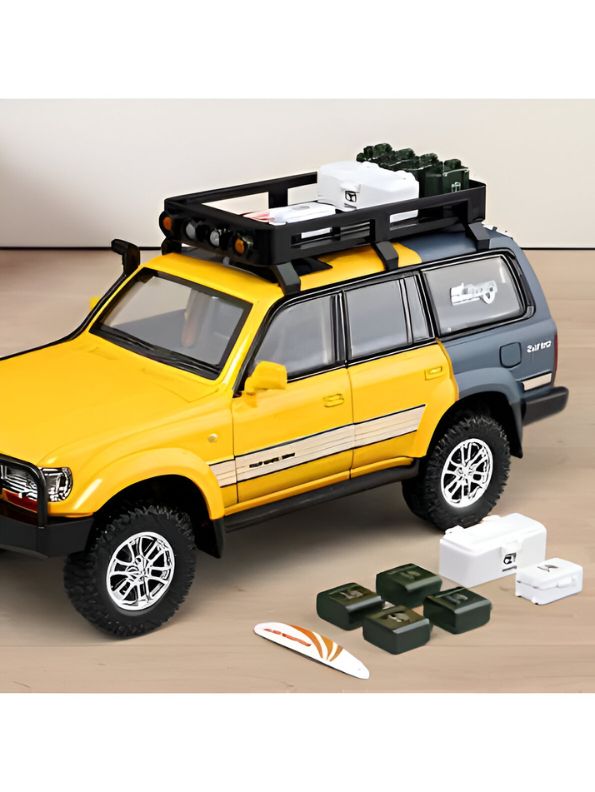 YELLOW - Toyota Land Cruiser LC80 Diecast SUV Toy - Off-Road Camping Model Car with Acrylic Display Case