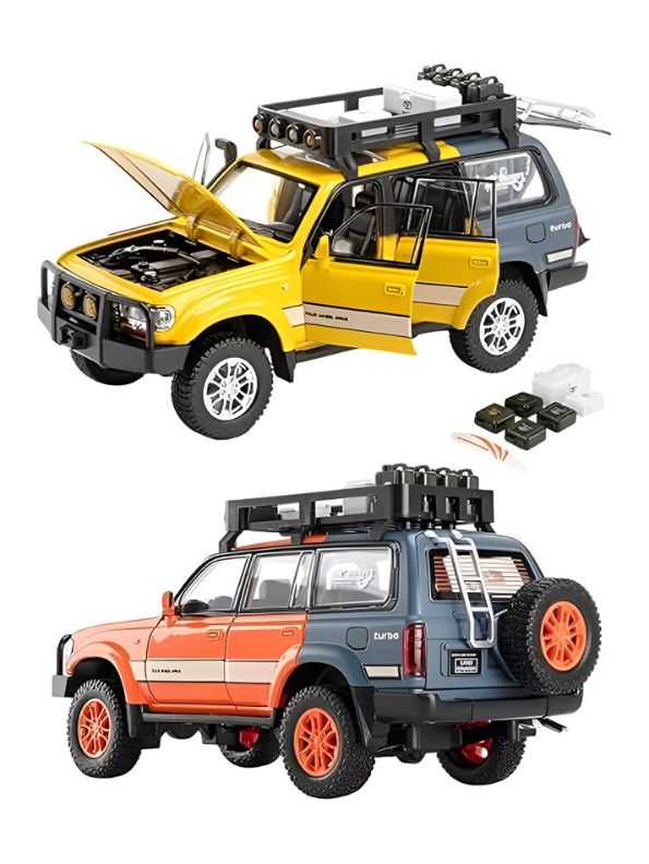 ORANGE - Toyota Land Cruiser LC80 Diecast SUV Toy - Off-Road Camping Model Car with Acrylic Display Case