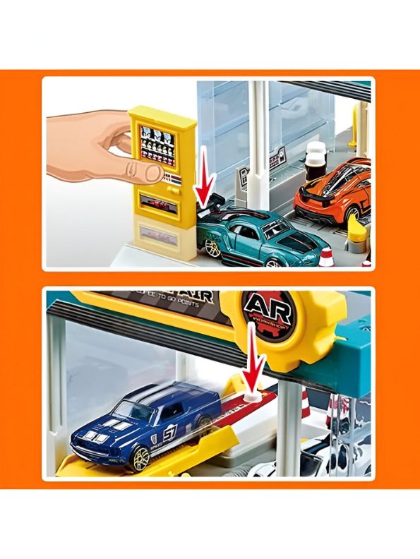 Mini Simulation Gas Station & Parking Lot Toy Set with 4 Alloy Cars – Interactive Repair Station Model for Kids.
