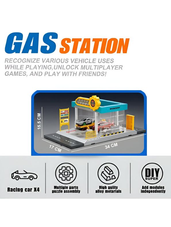 Mini Simulation Gas Station & Parking Lot Toy Set with 4 Alloy Cars – Interactive Repair Station Model for Kids.