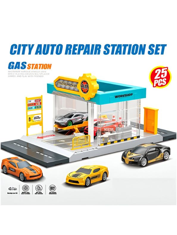 Mini Simulation Gas Station & Parking Lot Toy Set with 4 Alloy Cars – Interactive Repair Station Model for Kids.