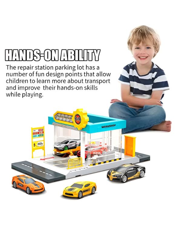 Mini Simulation Gas Station & Parking Lot Toy Set with 4 Alloy Cars – Interactive Repair Station Model for Kids.