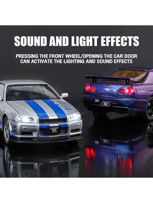Purple - Nissan Skyline GTR R34 - Premium Alloy Metal Diecast Sports Racing Car Model - Openable Doors & Pull-Back Action Scale 1:24 - TV4892.