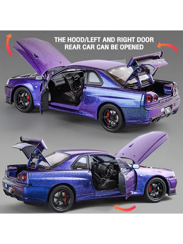 Purple - Nissan Skyline GTR R34 - Premium Alloy Metal Diecast Sports Racing Car Model - Openable Doors & Pull-Back Action Scale 1:24 - TV4892.