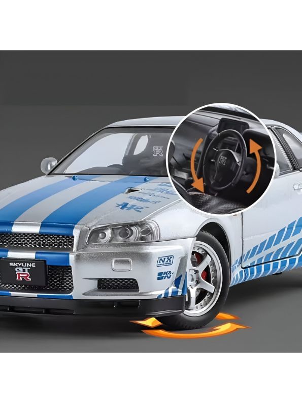Blue & Sliver - Nissan Skyline GTR R34 - Premium Alloy Metal Diecast Sports Racing Car Model - Openable Doors & Pull-Back Action Scale 1:32 - TV5396.