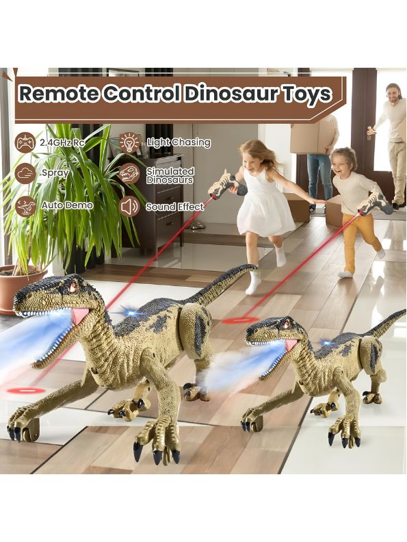 Yellow - Dino Fire – Realistic Velociraptor Model | Wireless Infrared Remote-Controlled, Multifunctional Walking Dinosaur Robot Toy – High-Quality Plastic, Electrically Powered – Perfect for Kids - NX12621.