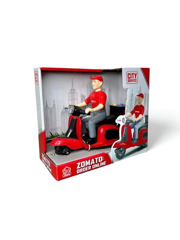 Zomato Food Delivery Miniature – Friction Powered Plastic Pull-Back Motorcycle Toy with Lights & Music - MS13850.