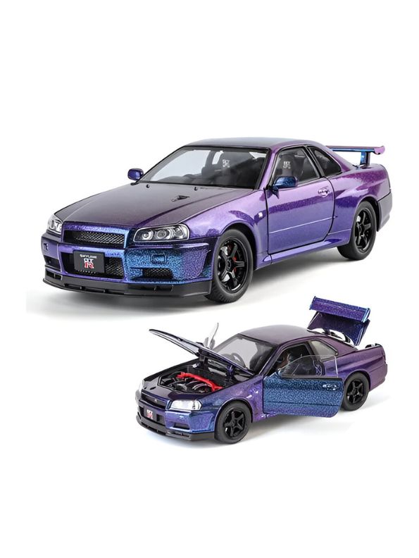 Purple - Nissan Skyline GTR R34 - Premium Alloy Metal Diecast Sports Racing Car Model - Openable Doors & Pull-Back Action Scale 1:24 - TV4892.
