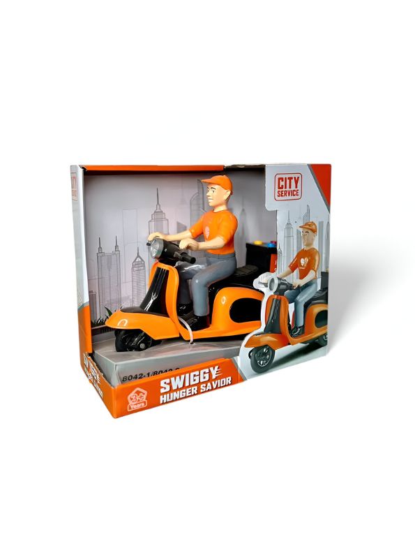 Swiggy Food Delivery Miniature – Friction Powered Plastic Pull-Back Motorcycle Toy with Lights & Music - MS13851.