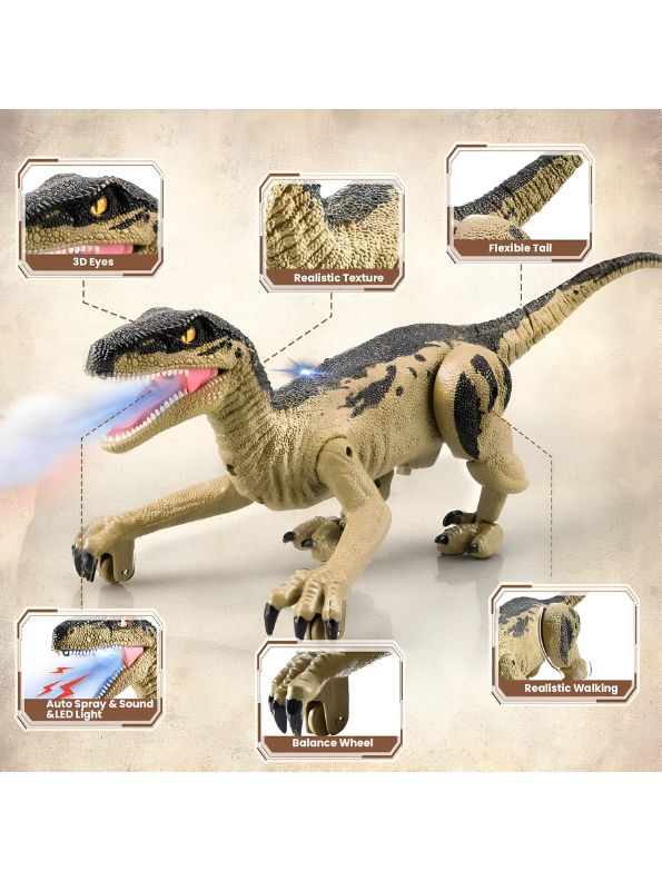 Yellow - Dino Fire – Realistic Velociraptor Model | Wireless Infrared Remote-Controlled, Multifunctional Walking Dinosaur Robot Toy – High-Quality Plastic, Electrically Powered – Perfect for Kids - NX12621.