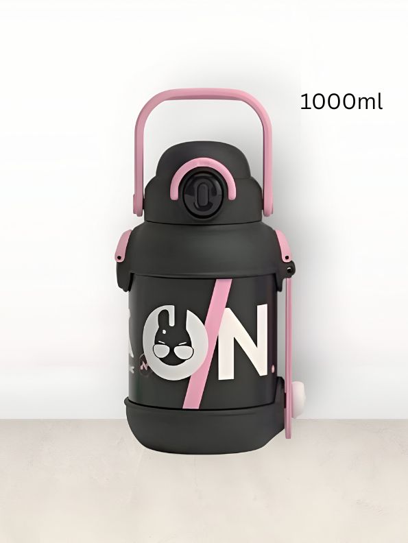 Black - 2 in 1 Sipper with Handle & Neck Carry for Kids – 1000ml Leak-Proof Water Bottle with Box NOV12437.