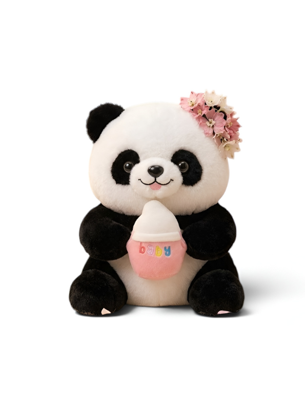 10-Inch Cute Baby Panda Plush Toy with Floral Crown & Milk Bottle ST16764.