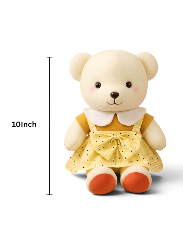 10-Inch Cute Teddy Bear Plush Toy in Yellow Polka Dot Dress ST14011.