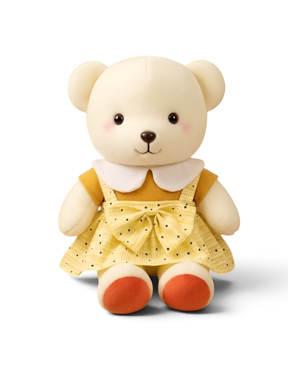 10-Inch Cute Teddy Bear Plush Toy in Yellow Polka Dot Dress ST14011.
