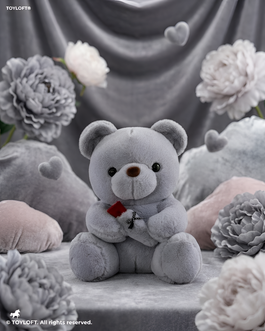 10-Inch Soft Gray Teddy Bear Holding a Red Rose – Cute Plush Stuffed Animal ST14010.